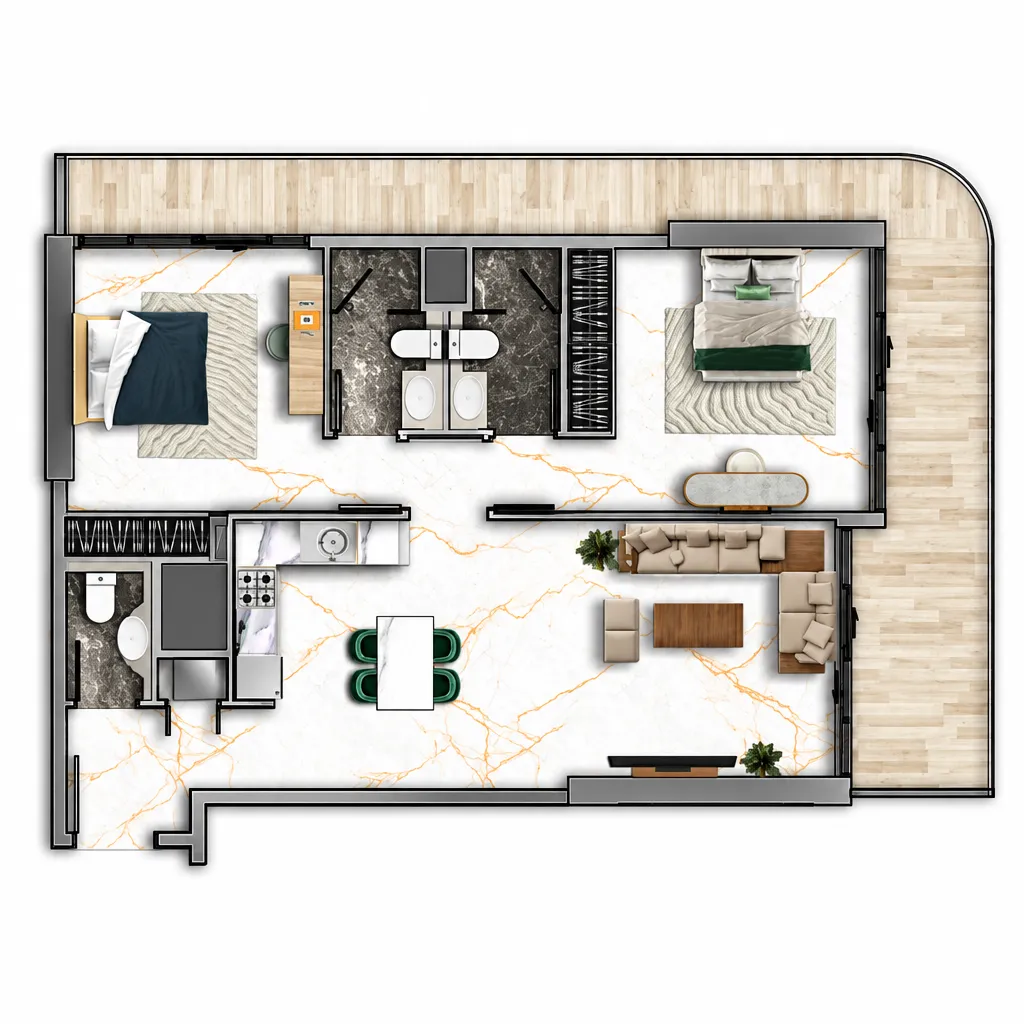 77S Tower 2 BR Apartments floor plan, 1,441 sqft to 1,447 sqft, drawing published by 77 Shades of Green Real Estate Development L.L.C