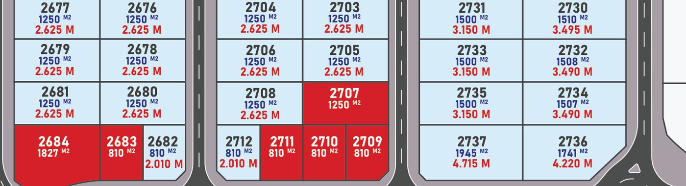 Part of the Al Arqoub plot map: plot numbers, sizes in square metres and prices, with sold plots in red