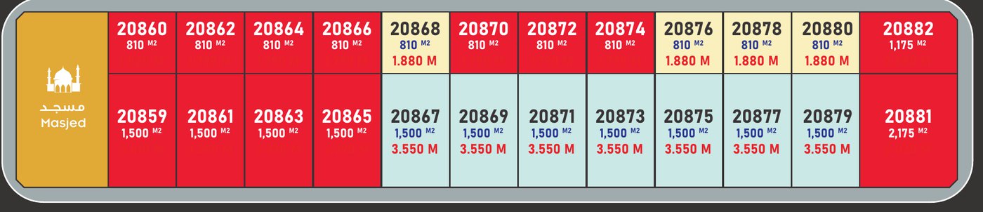 Part of the Al Sajaa plot map: plot numbers, sizes in square metres and prices, with sold plots in red